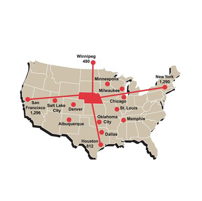 map of NE within the US with distances to major cities